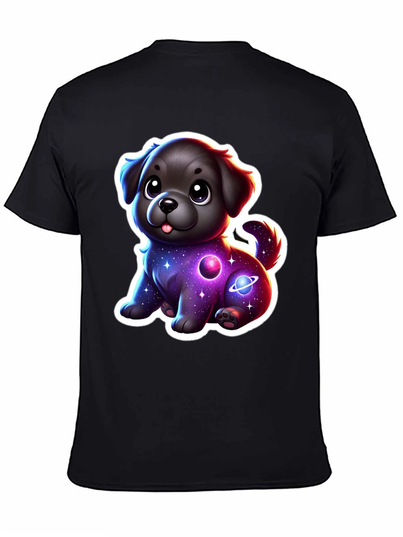 Camiseta Negra con Estampado de Perrito Espacial