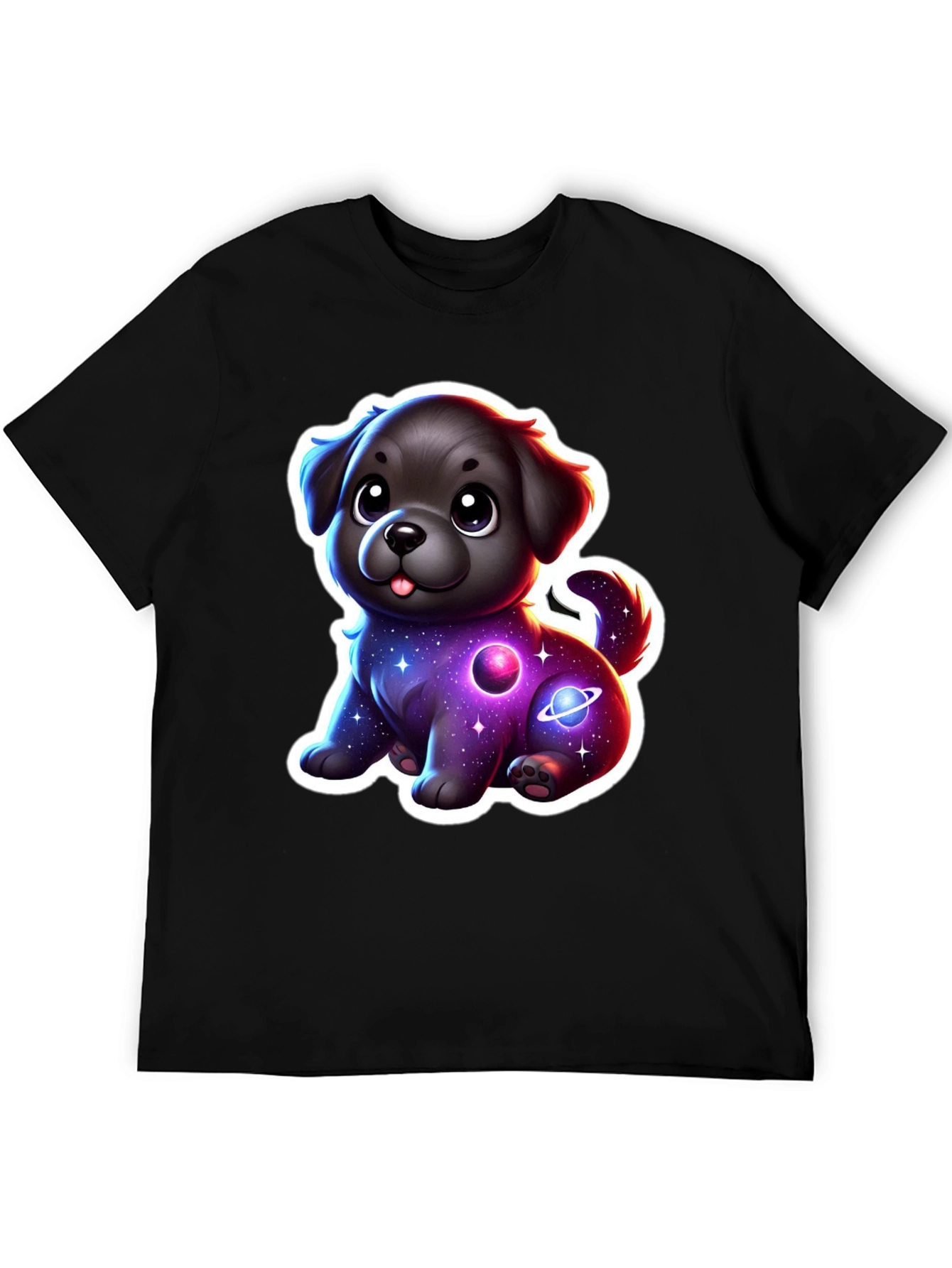 Camiseta Negra con Estampado de Perrito Espacial