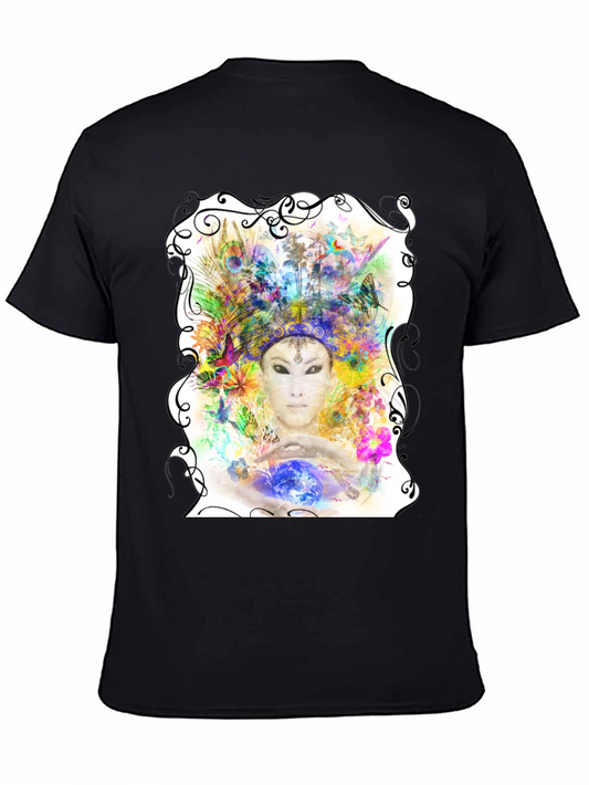 Camiseta Negra con Diseño Artístico de Naturaleza y Fantasía