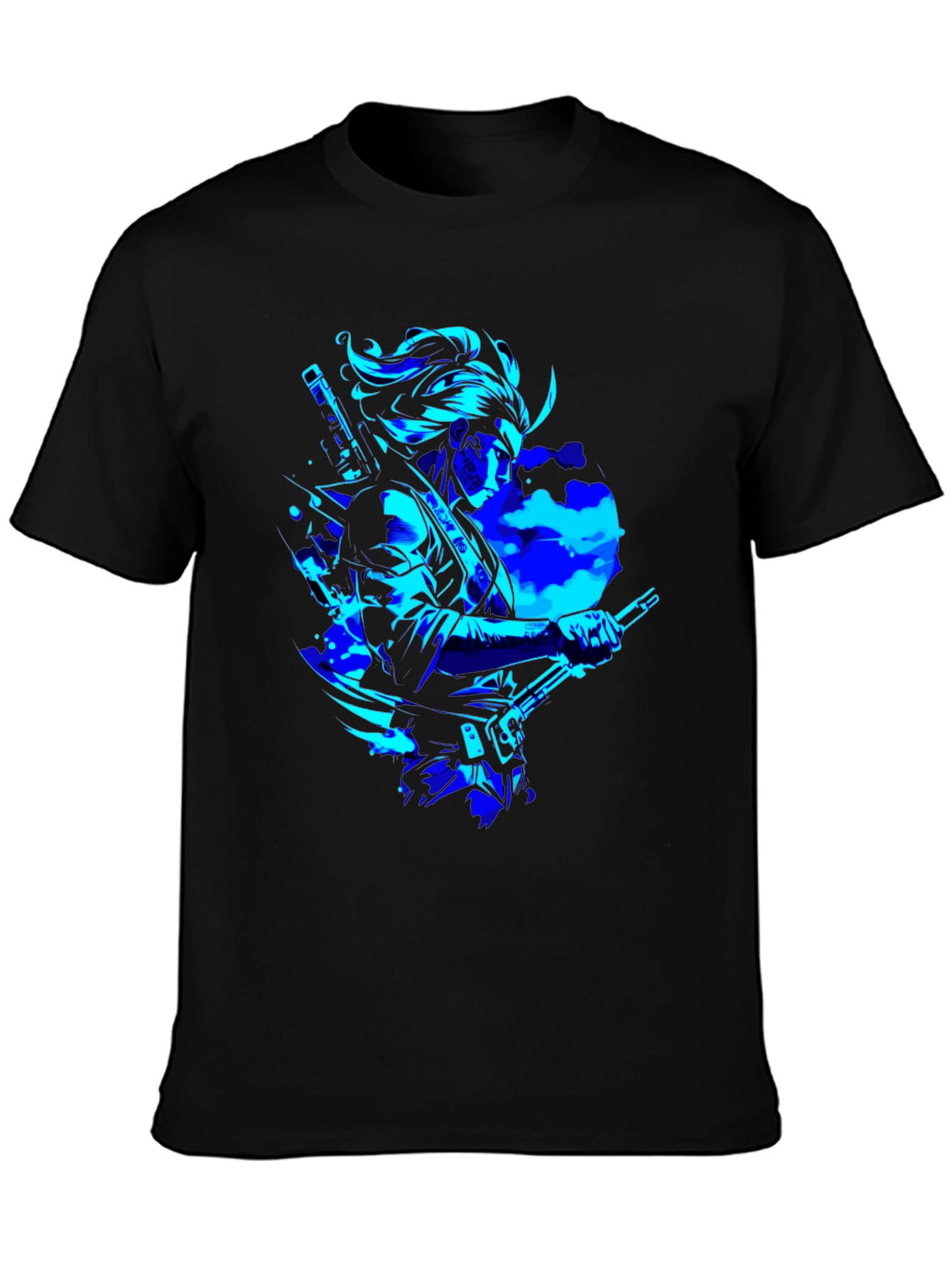 Camiseta Negra con Diseño Samurai en Azul Neón