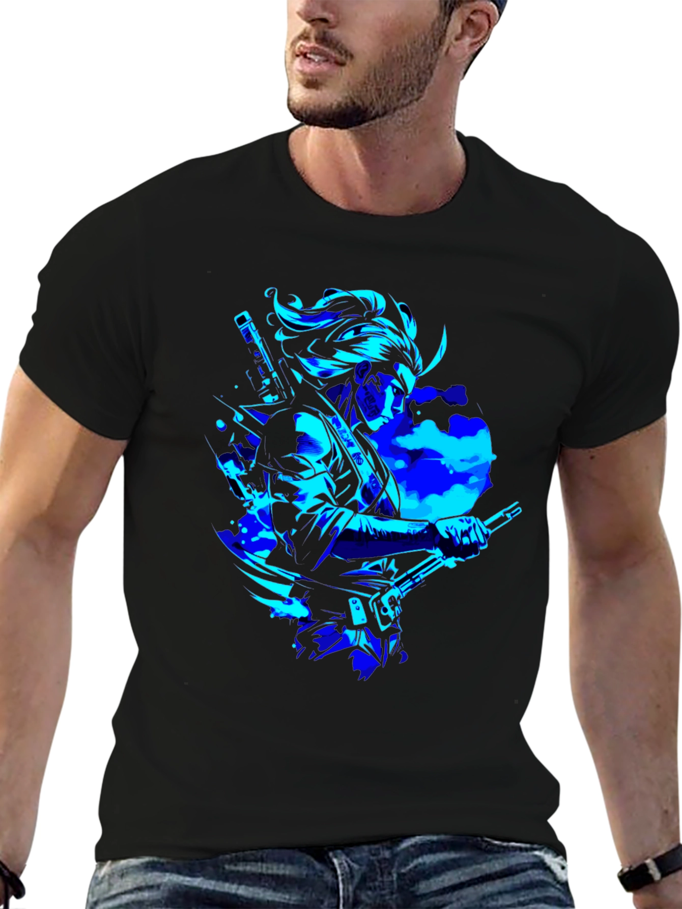Camiseta Negra con Diseño Samurai en Azul Neón