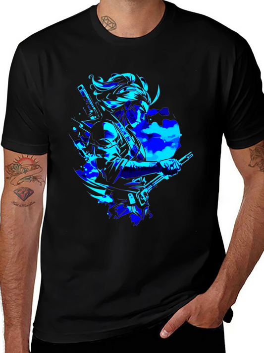 Camiseta Negra con Diseño Samurai en Azul Neón