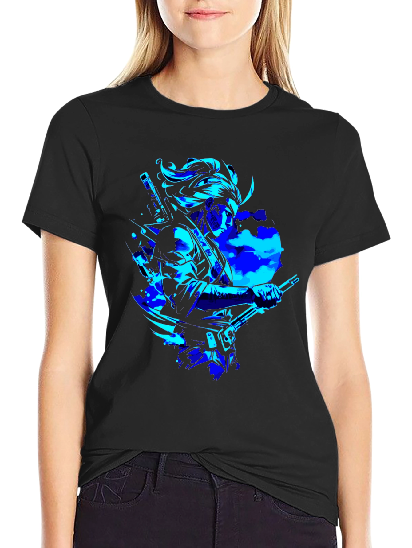 Camiseta Negra con Diseño Samurai en Azul Neón