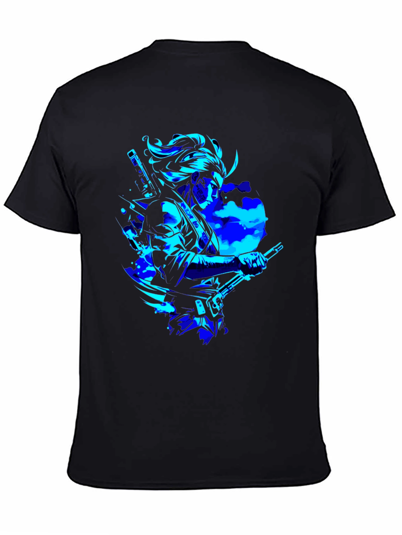 Camiseta Negra con Diseño Samurai en Azul Neón