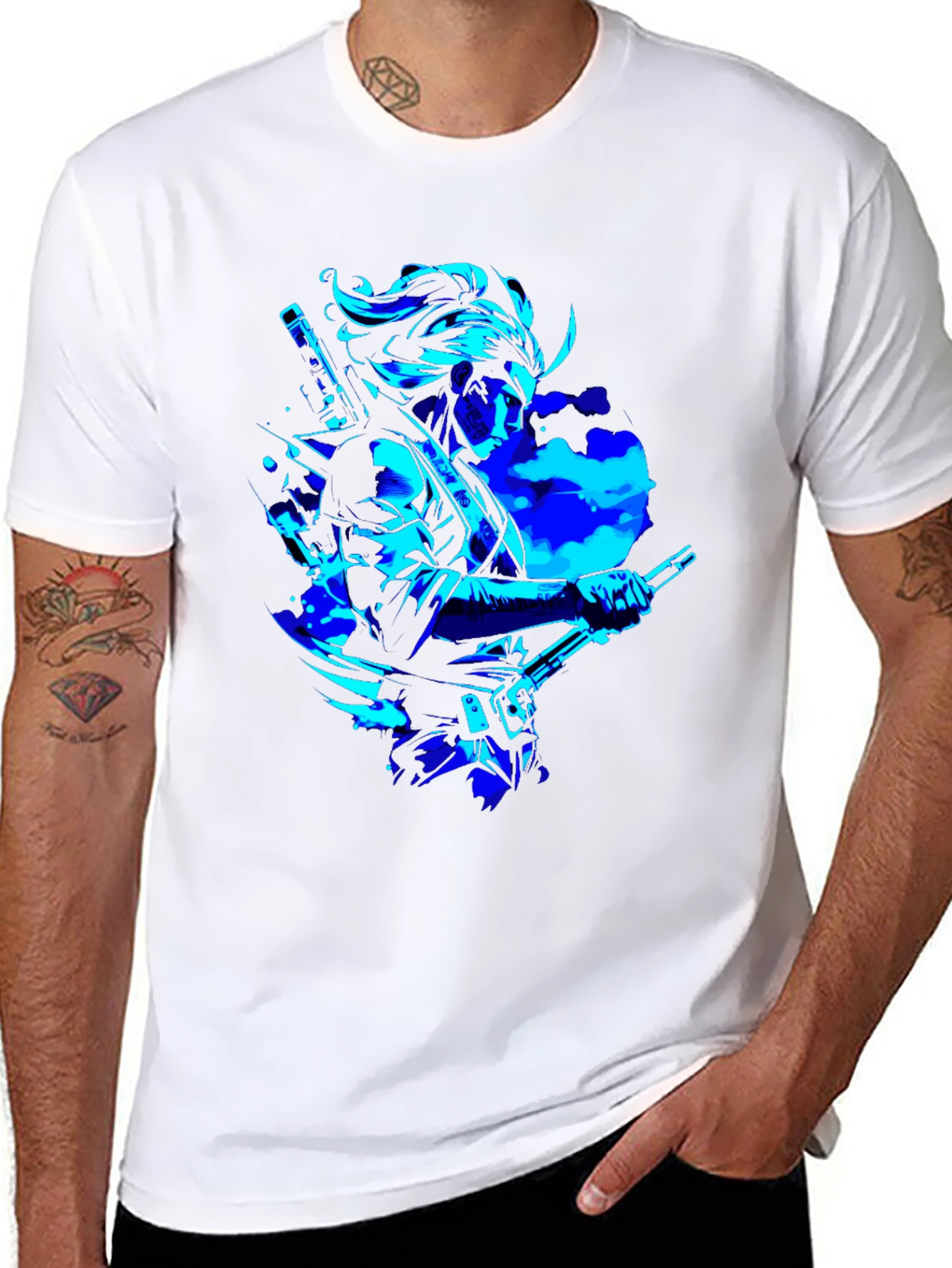 Camiseta Negra con Diseño Samurai en Azul Neón