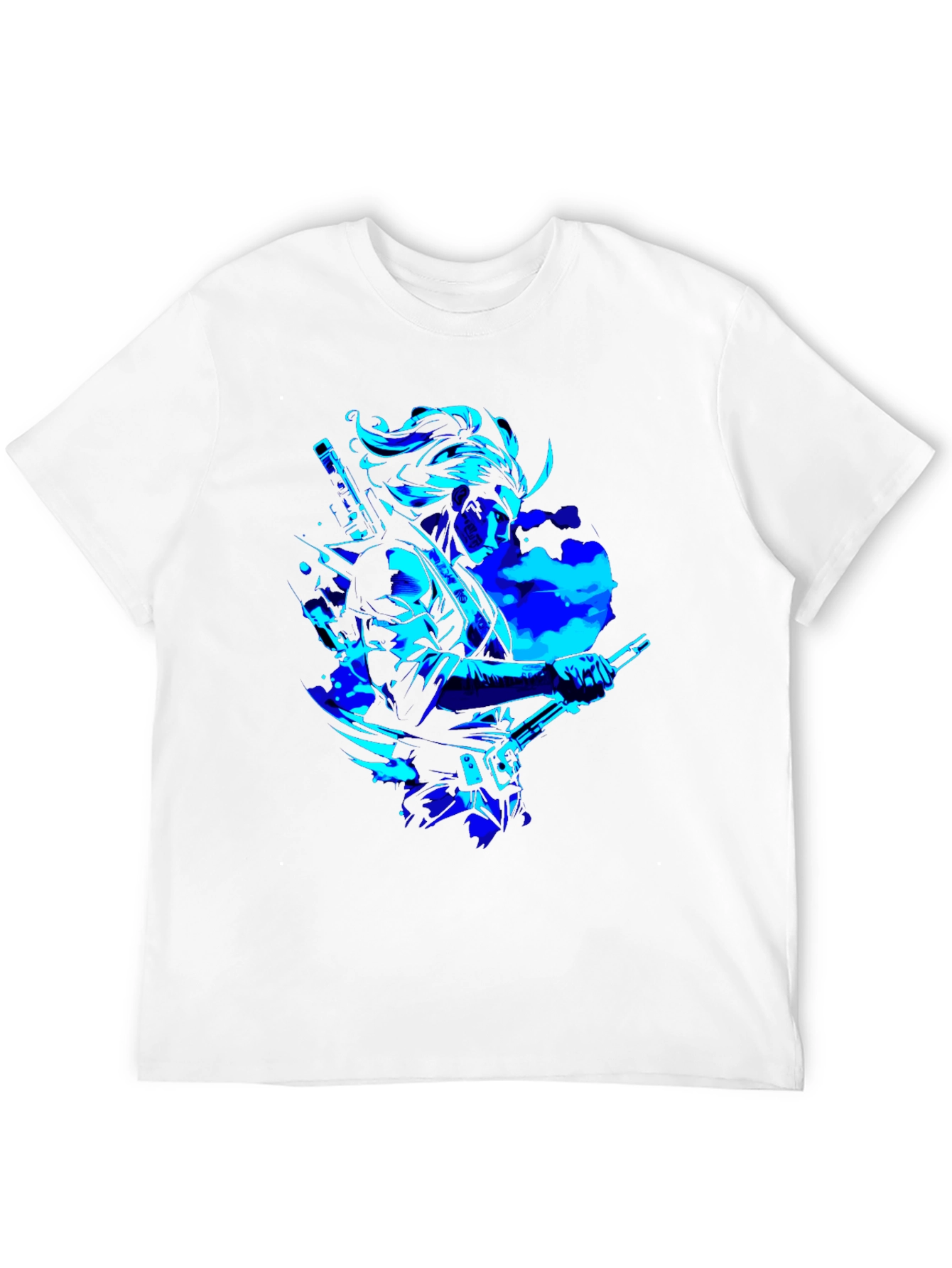 Camiseta Negra con Diseño Samurai en Azul Neón