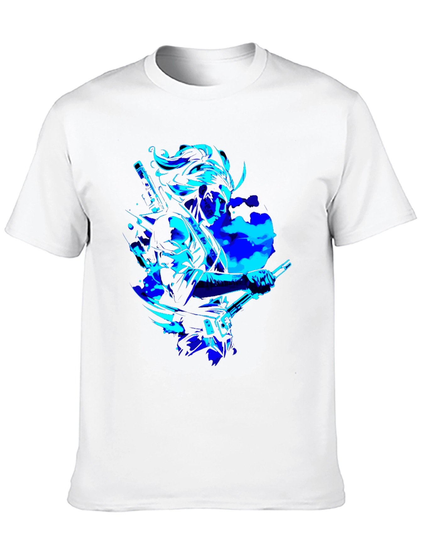 Camiseta Negra con Diseño Samurai en Azul Neón