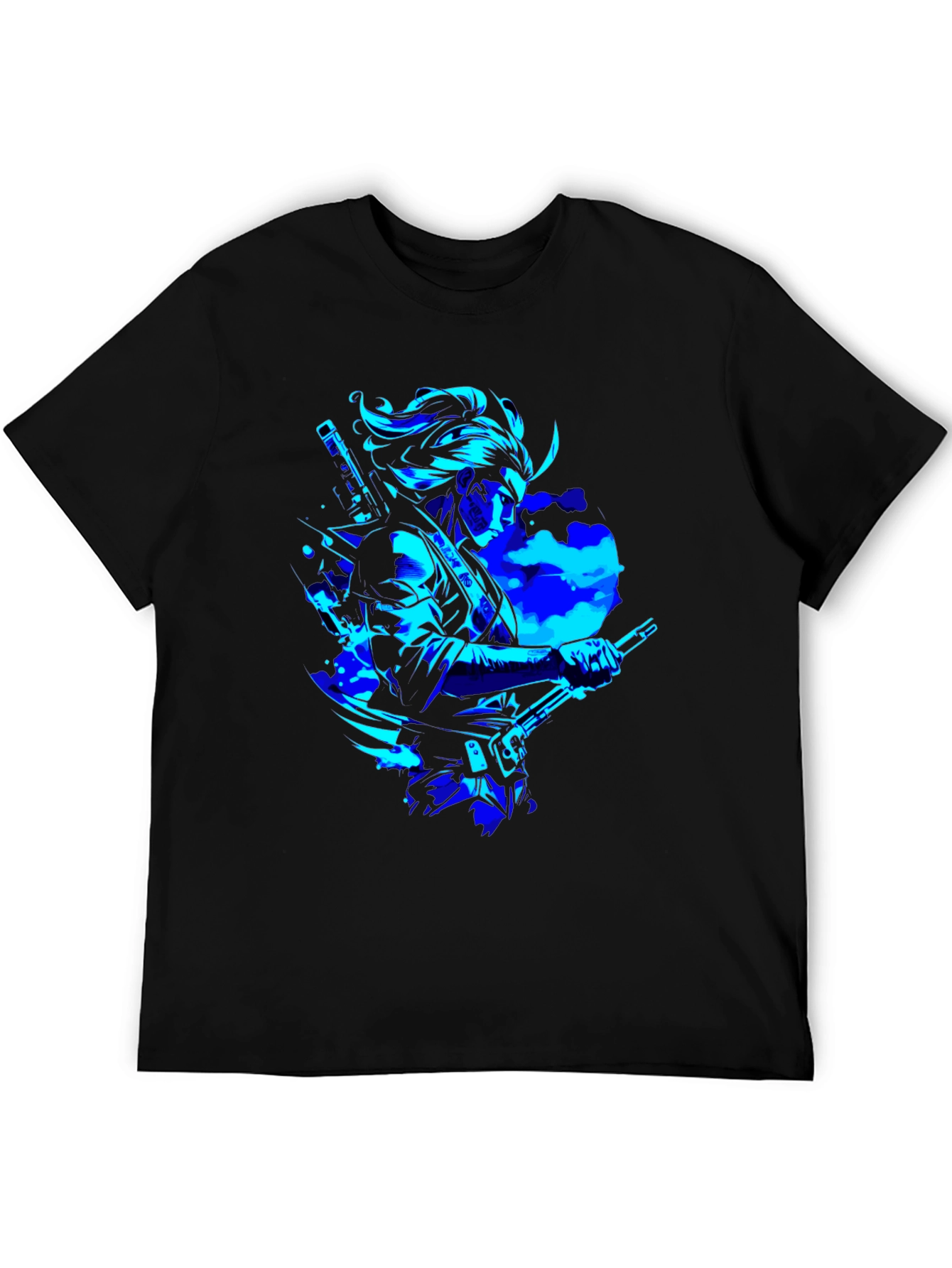 Camiseta Negra con Diseño Samurai en Azul Neón