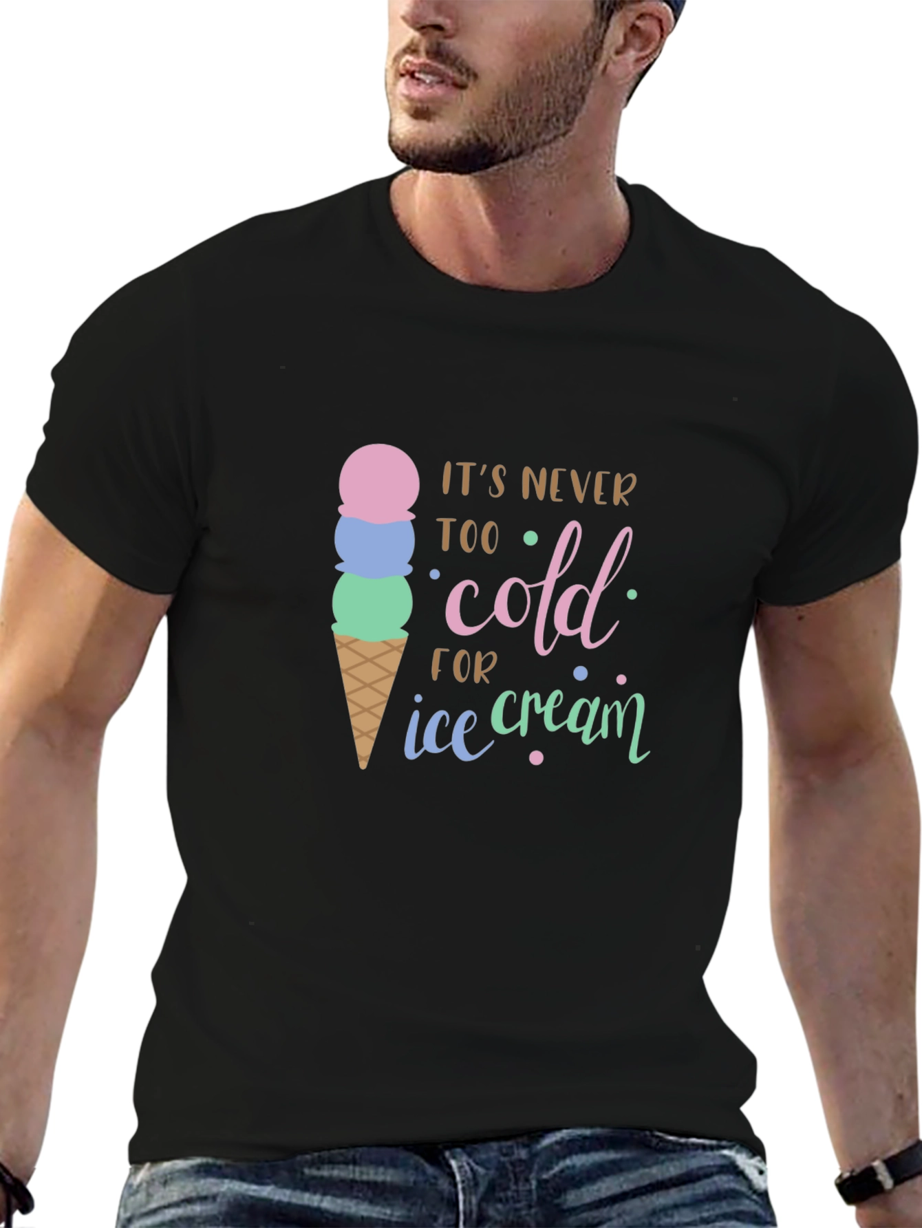 Camiseta Negra Nunca Demasiado Frío para Helado