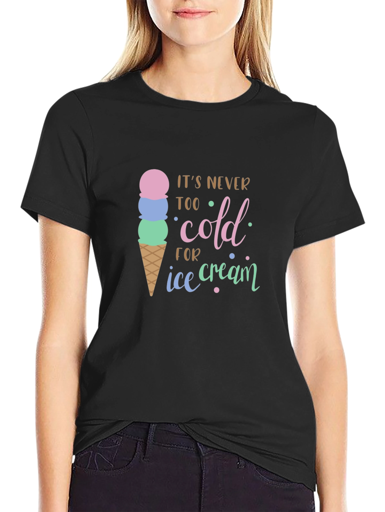 Camiseta Negra Nunca Demasiado Frío para Helado