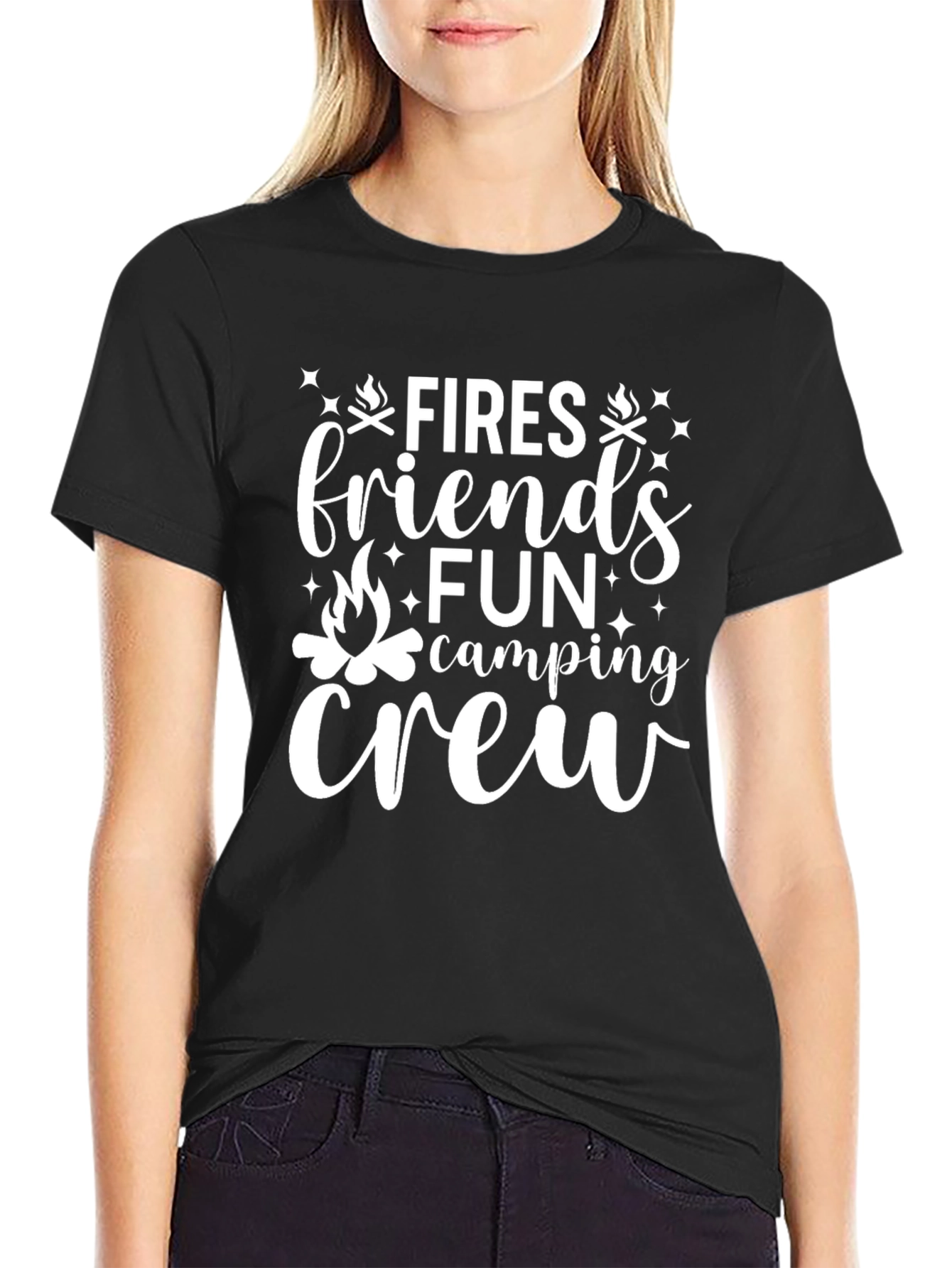 Camiseta Negra Fires Friends Fun Camping Crew