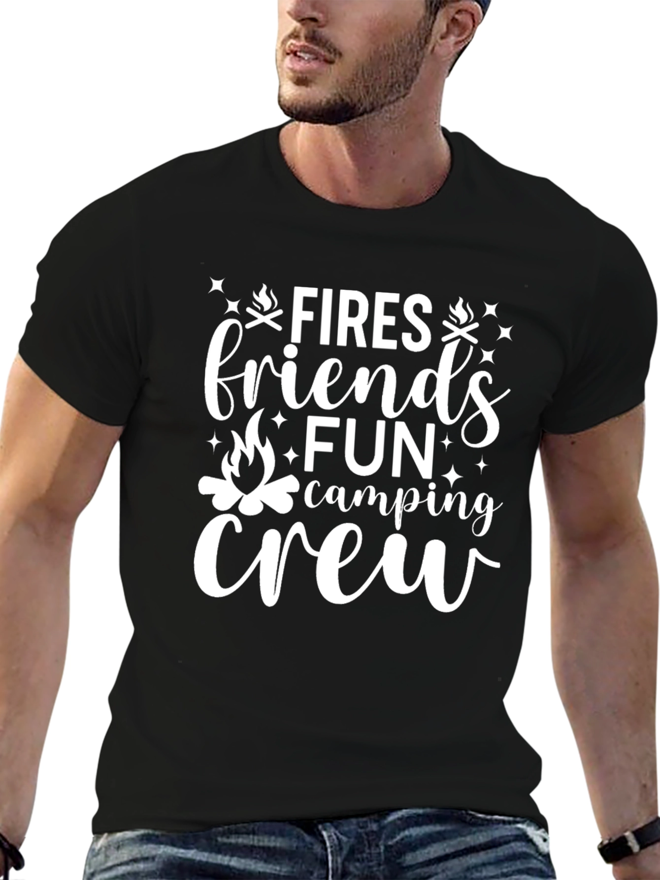 Camiseta Negra Fires Friends Fun Camping Crew