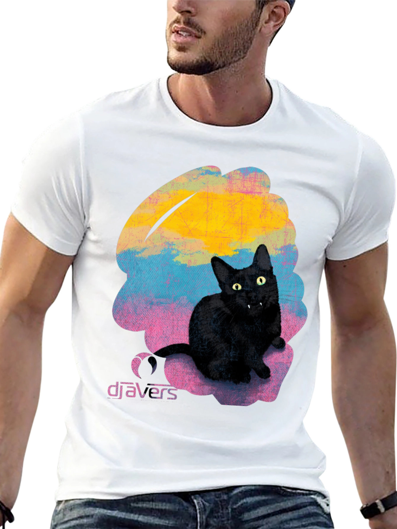 Camiseta Negra con Gato Djavers - Diseño Original