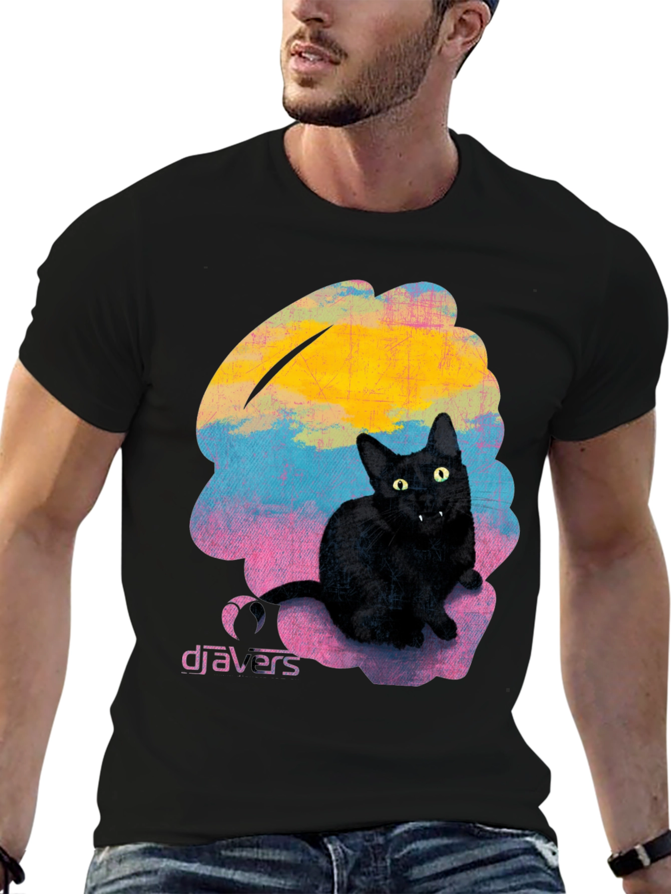 Camiseta Negra con Gato Djavers - Diseño Original