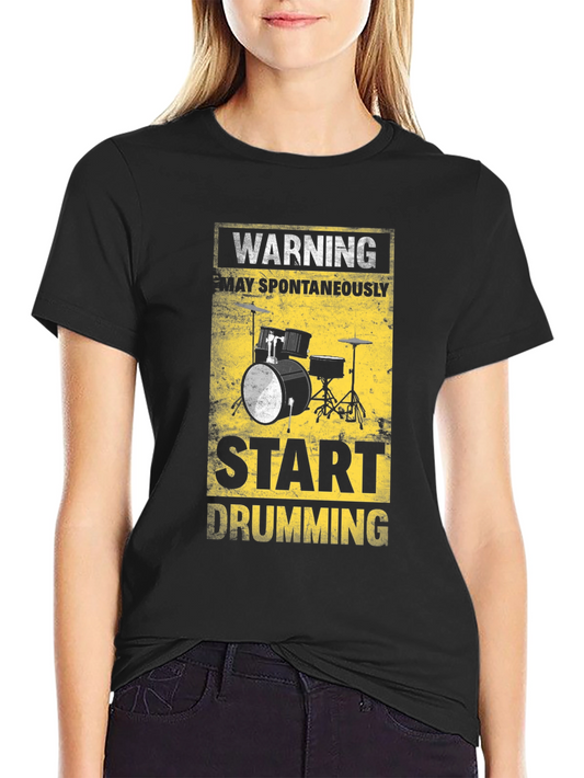 Camiseta Negra Warning: Start Drumming para Músicos