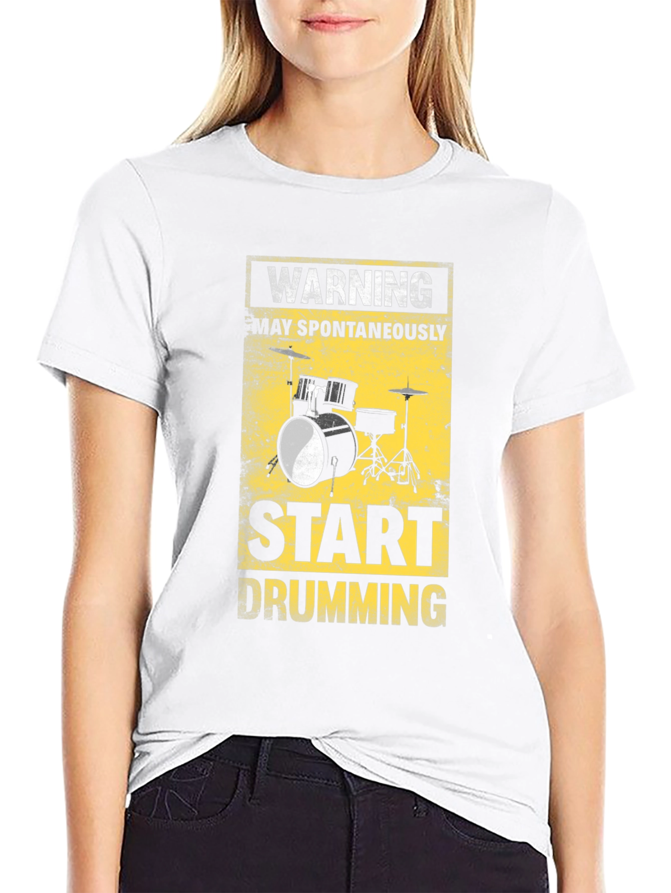 Camiseta Negra Warning: Start Drumming para Músicos