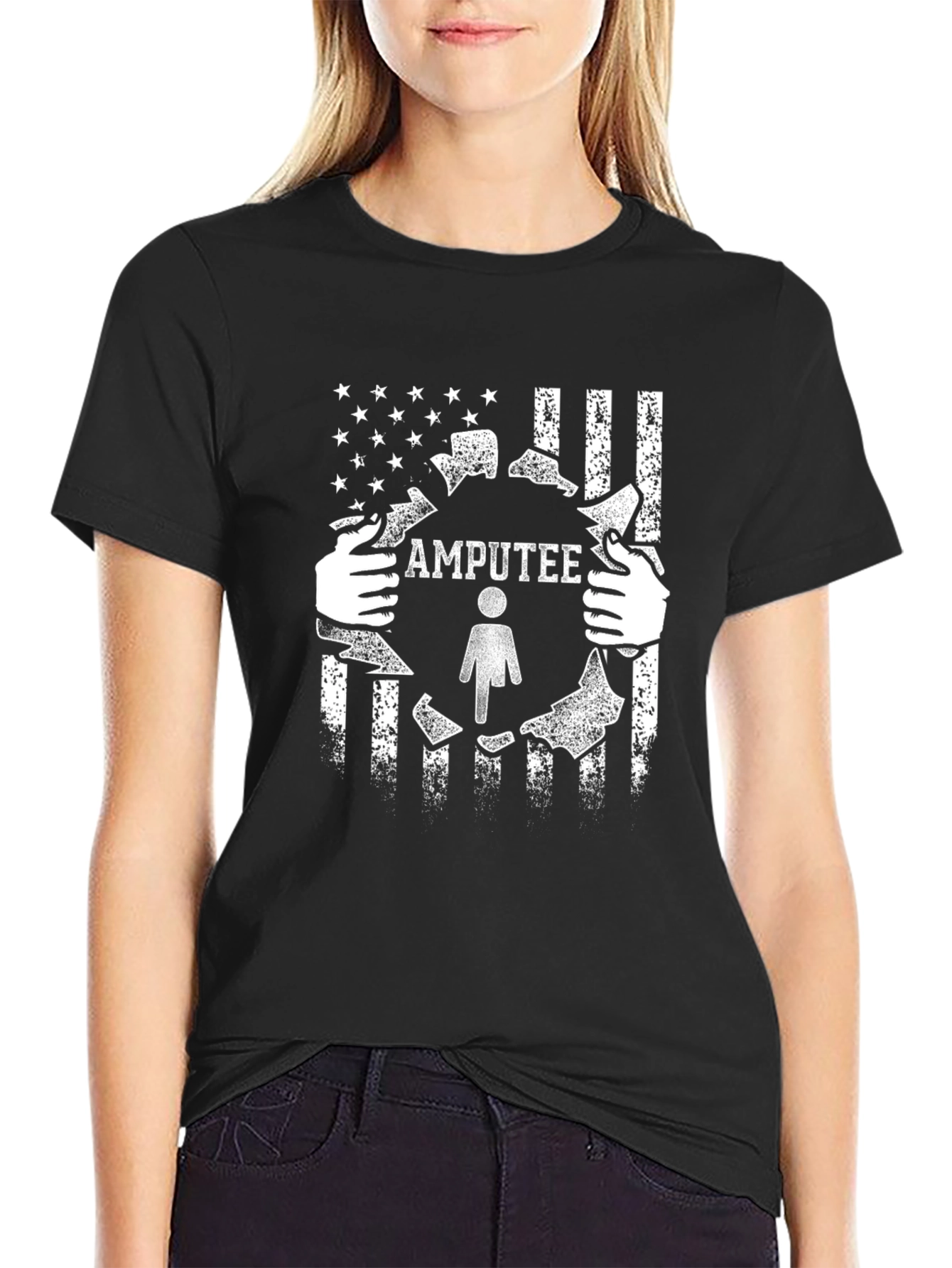 Camiseta Negra con Diseño de Amputado y Bandera Americana