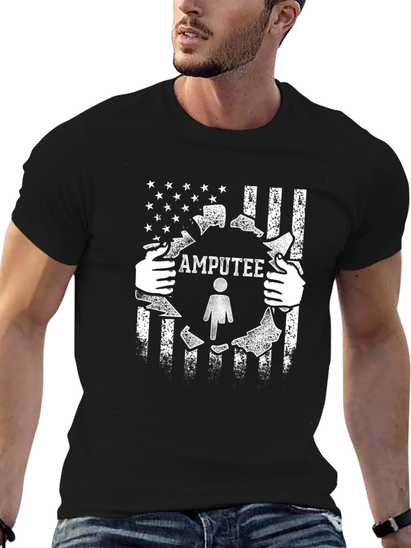 Camiseta Negra con Diseño de Amputado y Bandera Americana