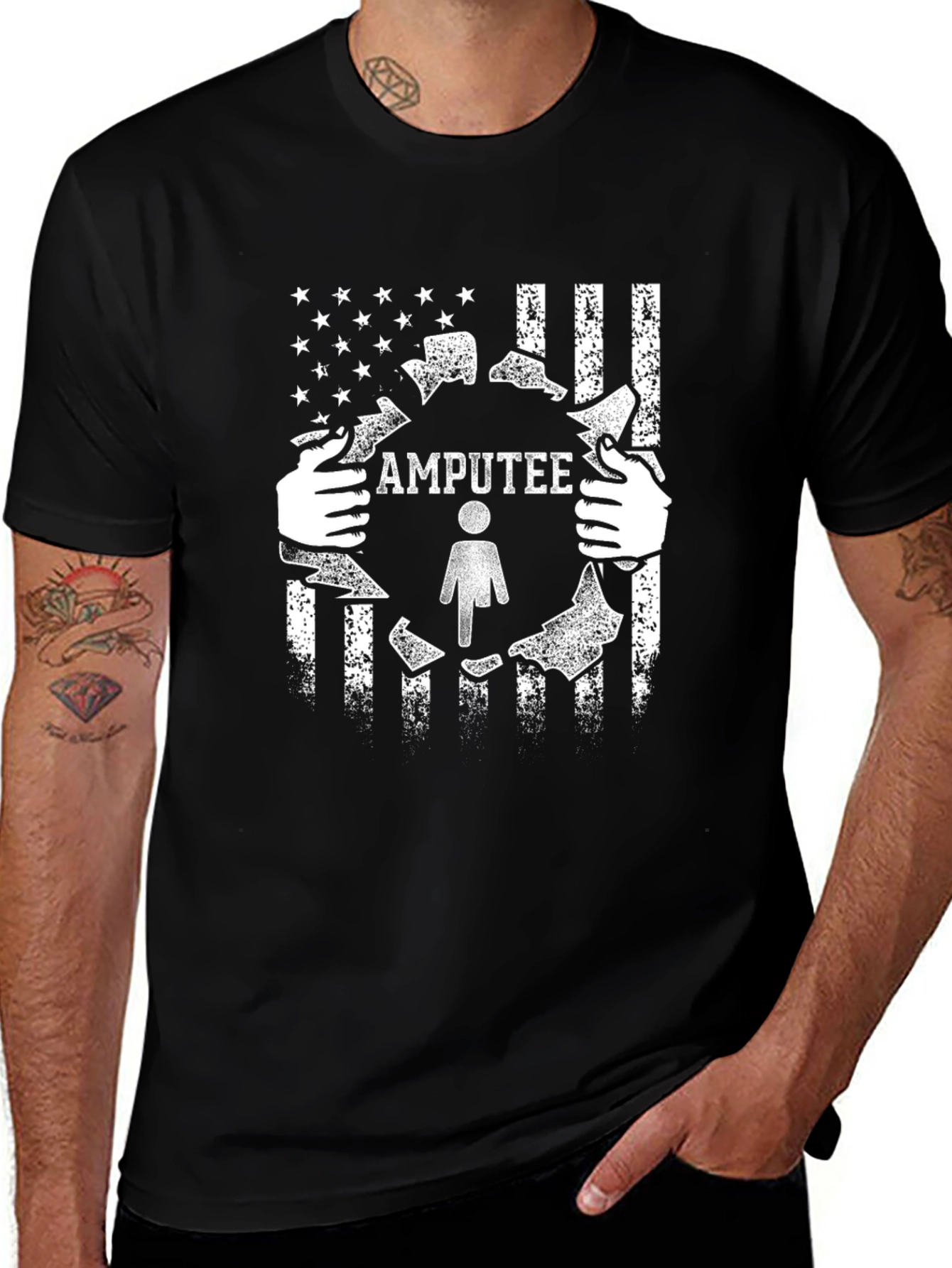 Camiseta Negra con Diseño de Amputado y Bandera Americana