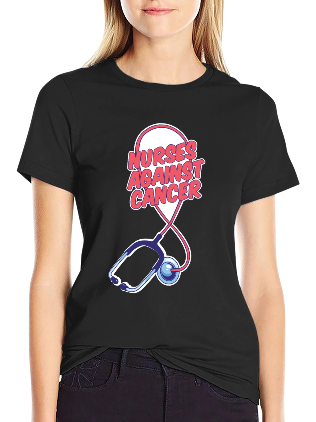 Camiseta Negra Nurses Against Cancer con Estetoscopio