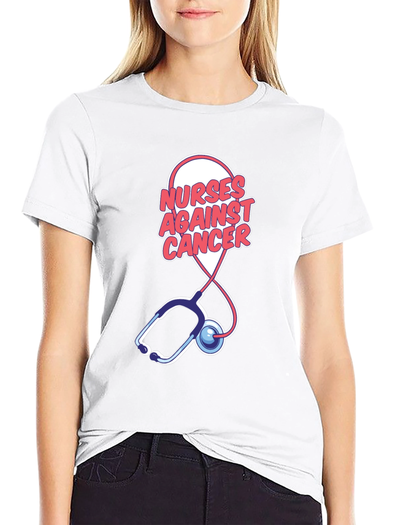 Camiseta Negra Nurses Against Cancer con Estetoscopio