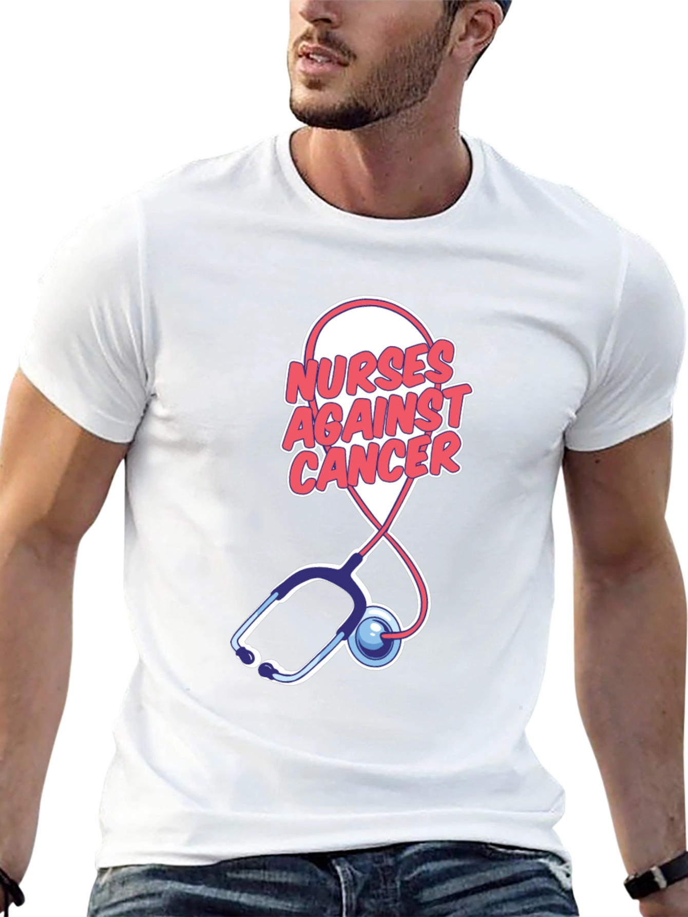 Camiseta Negra Nurses Against Cancer con Estetoscopio