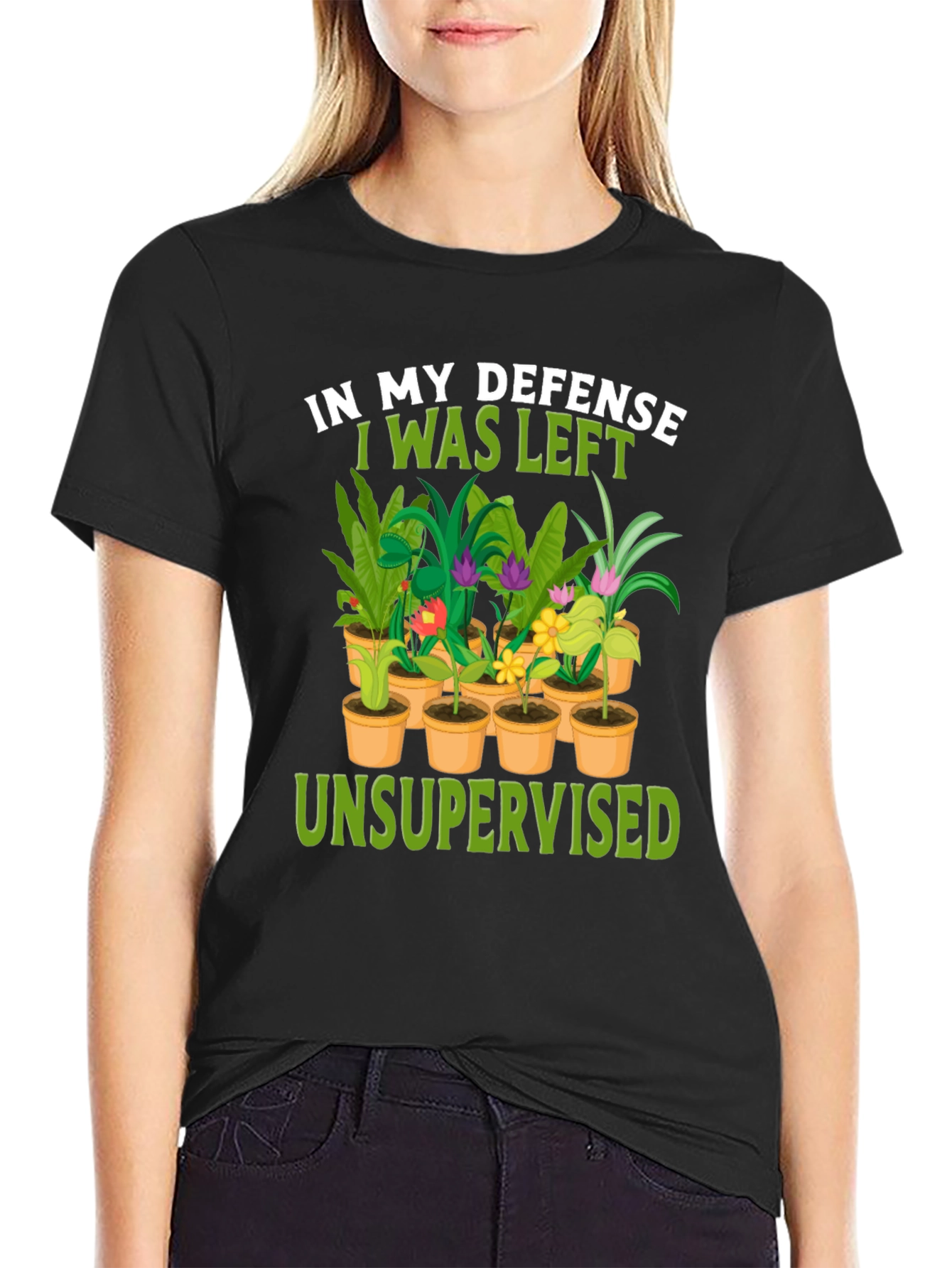 Camiseta Negra: En Mi Defensa - ¡Plantas Sin Supervisión!