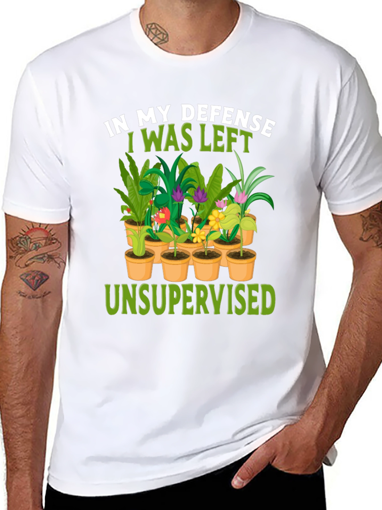 Camiseta Negra: En Mi Defensa - ¡Plantas Sin Supervisión!