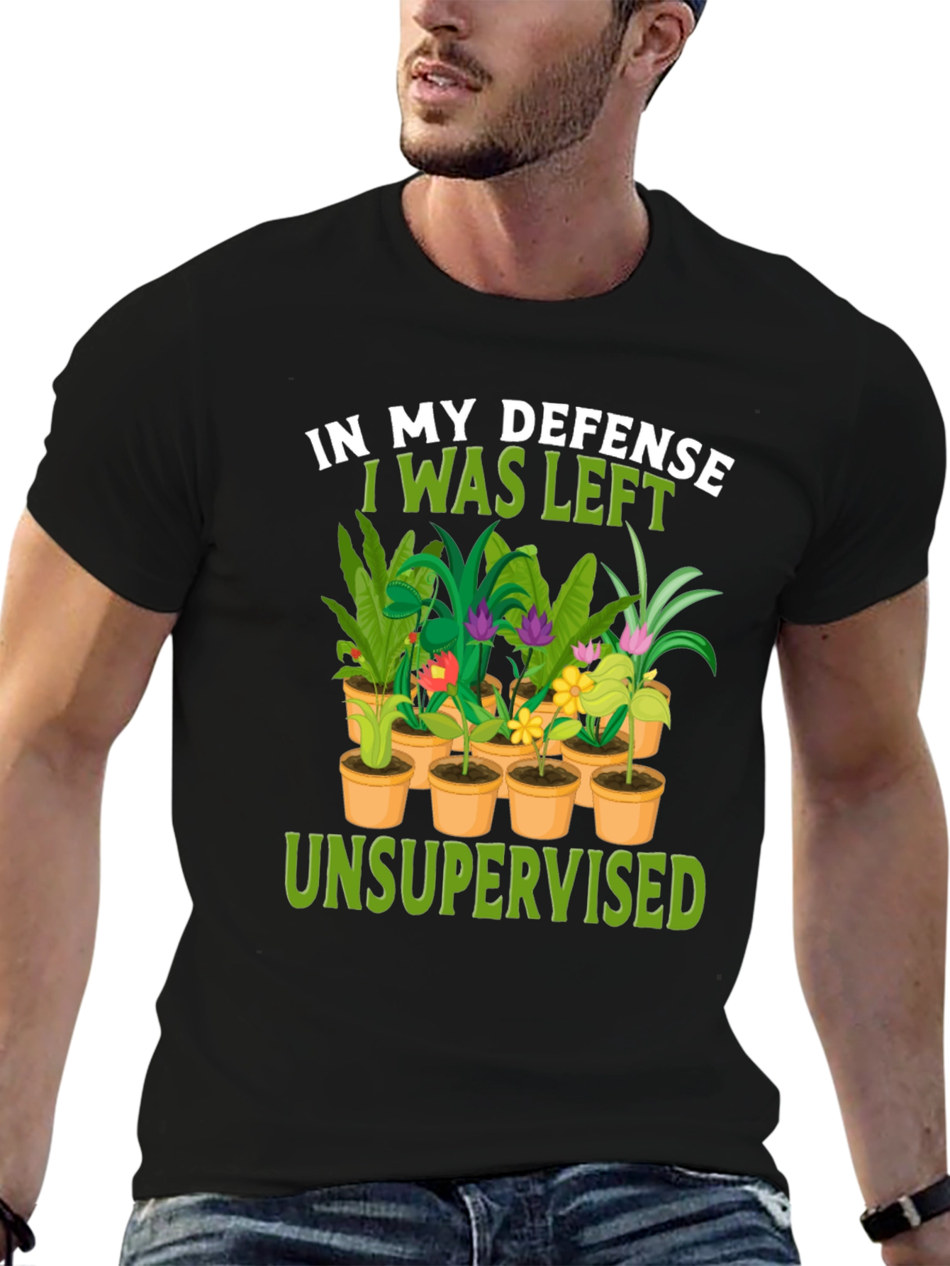 Camiseta Negra: En Mi Defensa - ¡Plantas Sin Supervisión!