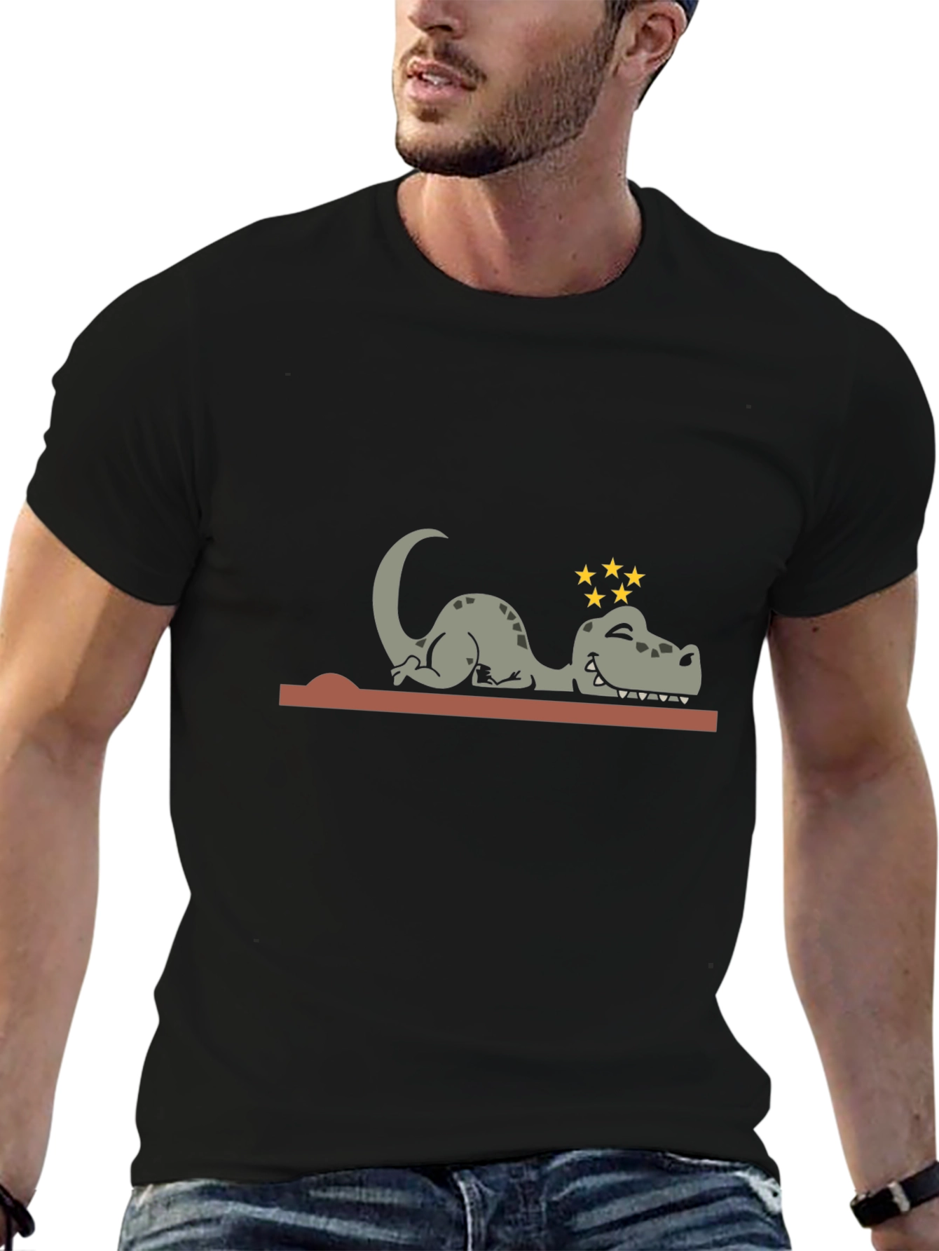 Camiseta Negra con Diseño de Dinosaurio Mareado