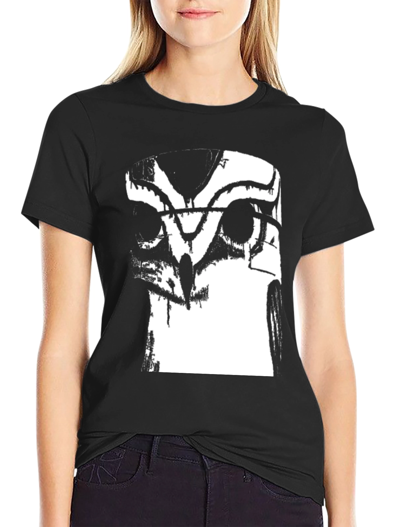 Camiseta Negra con Estampado Abstracto de Búho