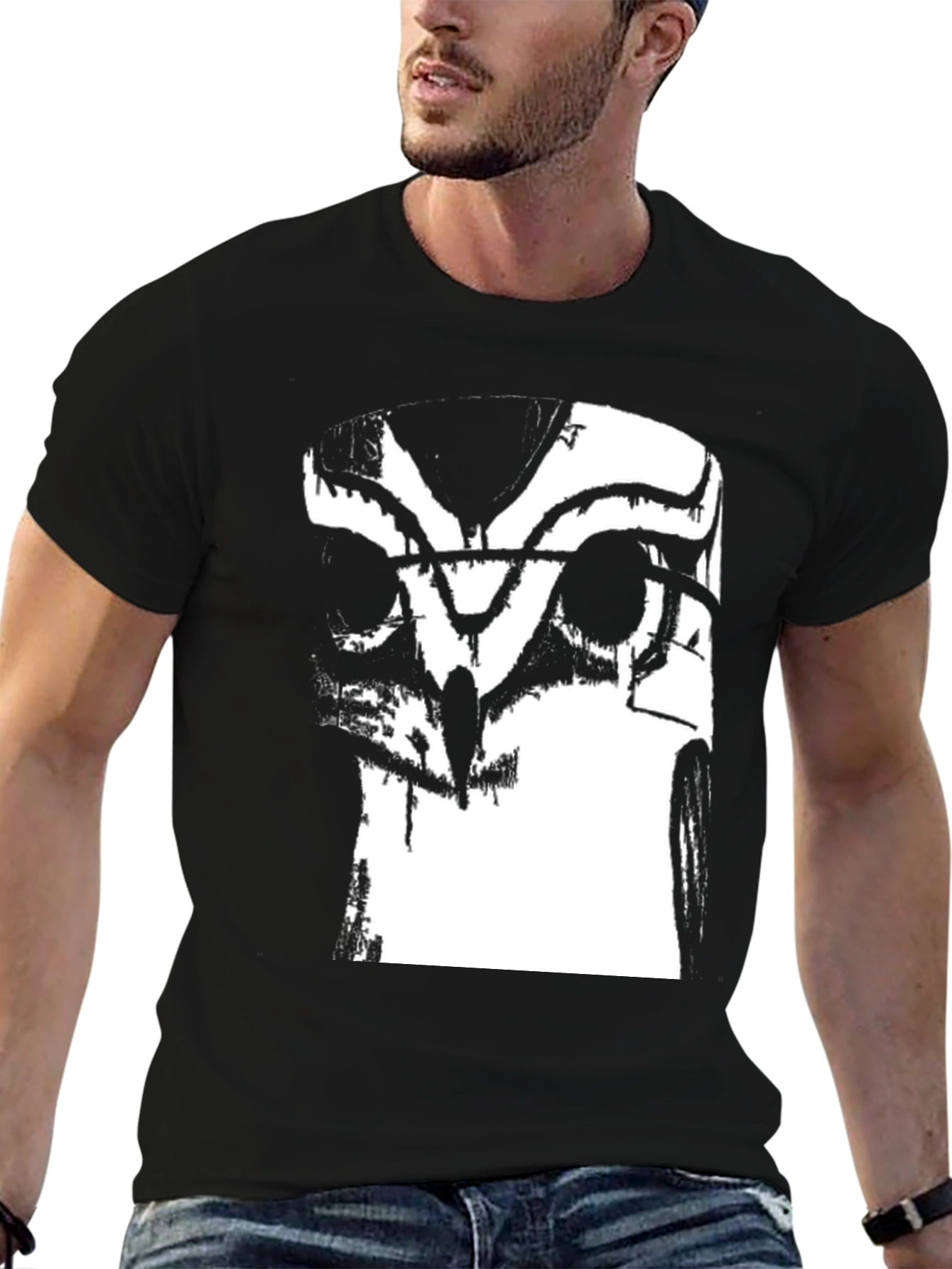 Camiseta Negra con Estampado Abstracto de Búho