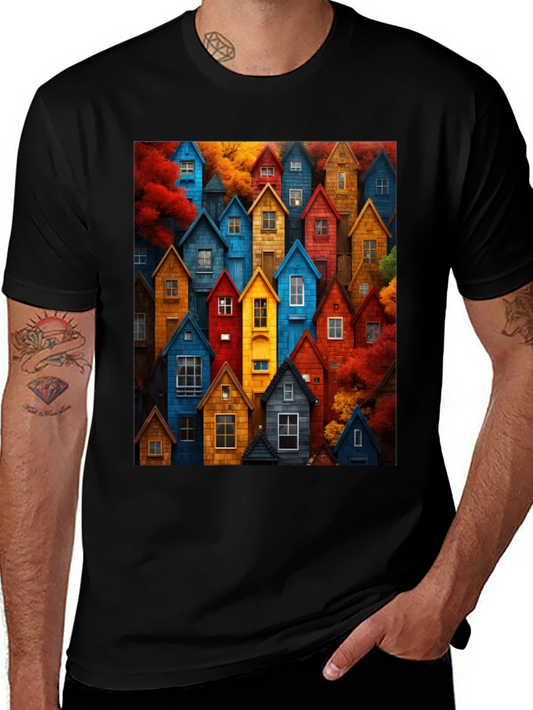 Camiseta Hombre Casas Coloridas Arte Otoñal