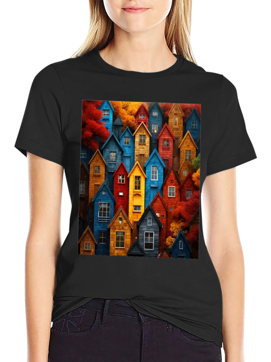 Camiseta Hombre Casas Coloridas Arte Otoñal
