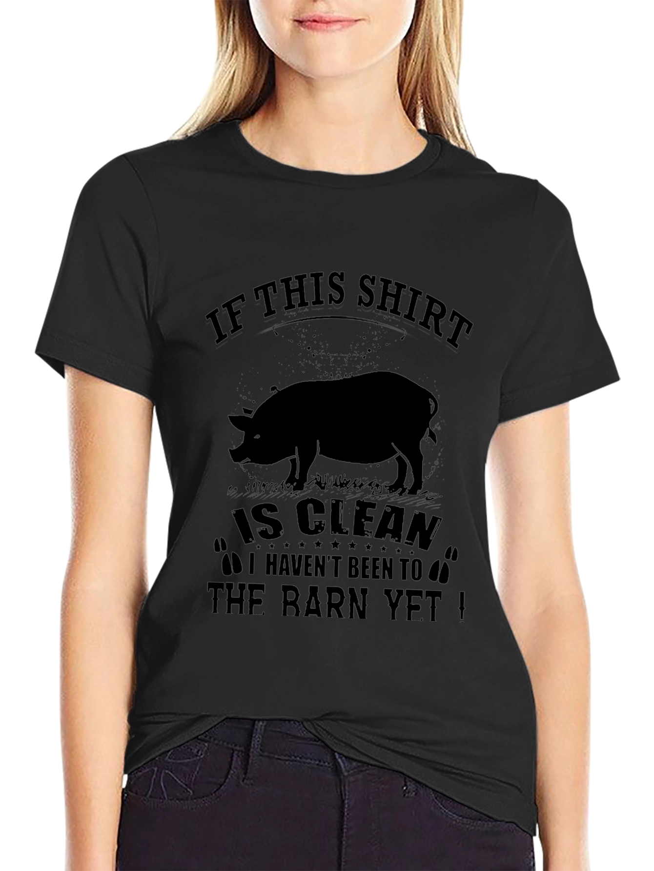 Camiseta Negra Gráfica Cerdo Granja