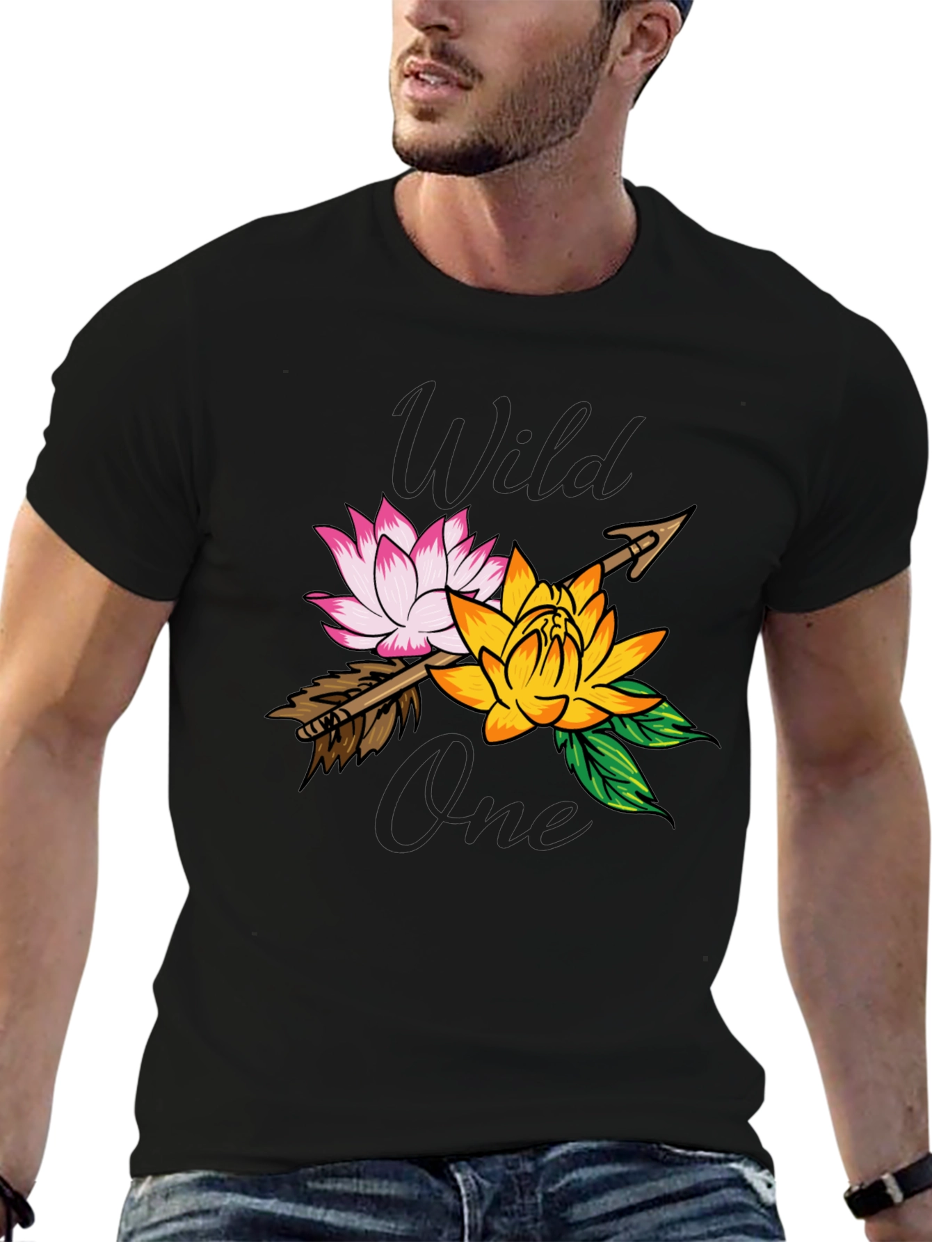 Camiseta Negra Wild One con Flores y Flecha