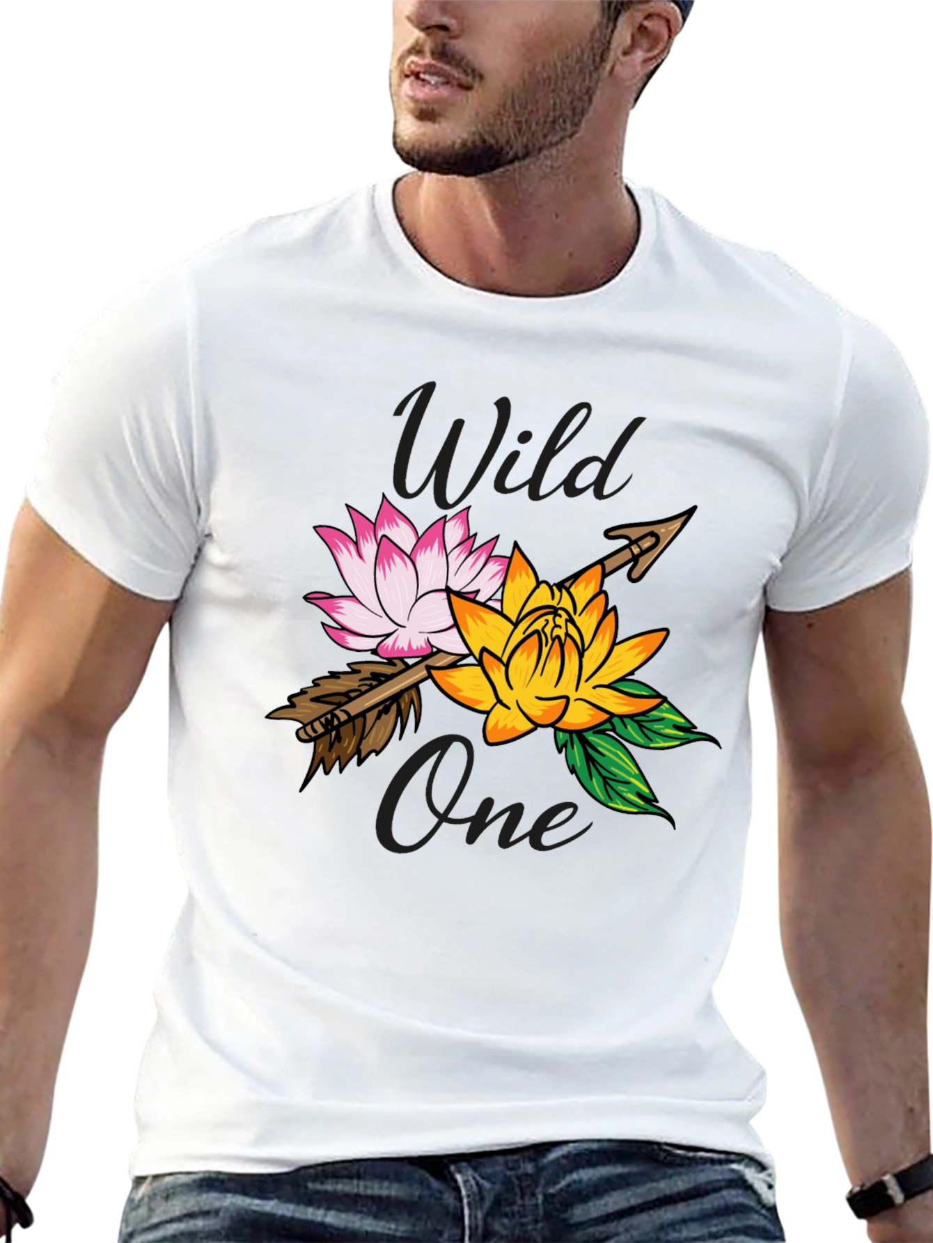 Camiseta Negra Wild One con Flores y Flecha