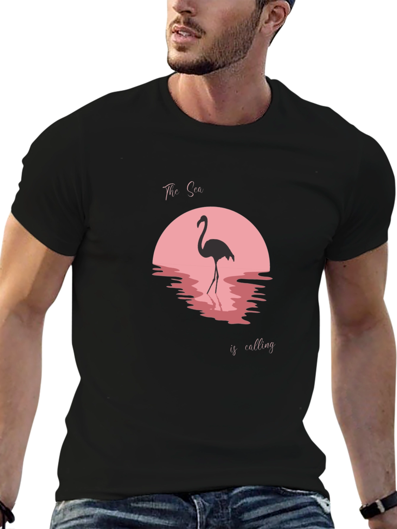 Camiseta Negra con Diseño Flamenco y Atardecer Rosa