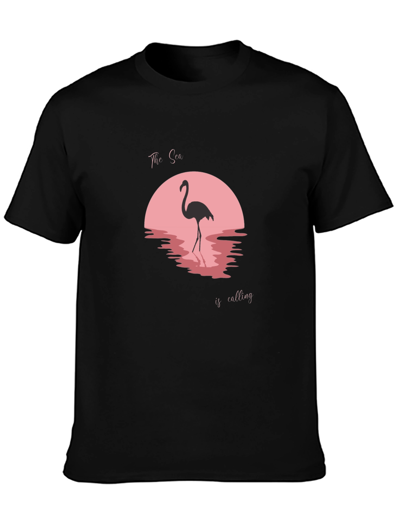 Camiseta Negra con Diseño Flamenco y Atardecer Rosa