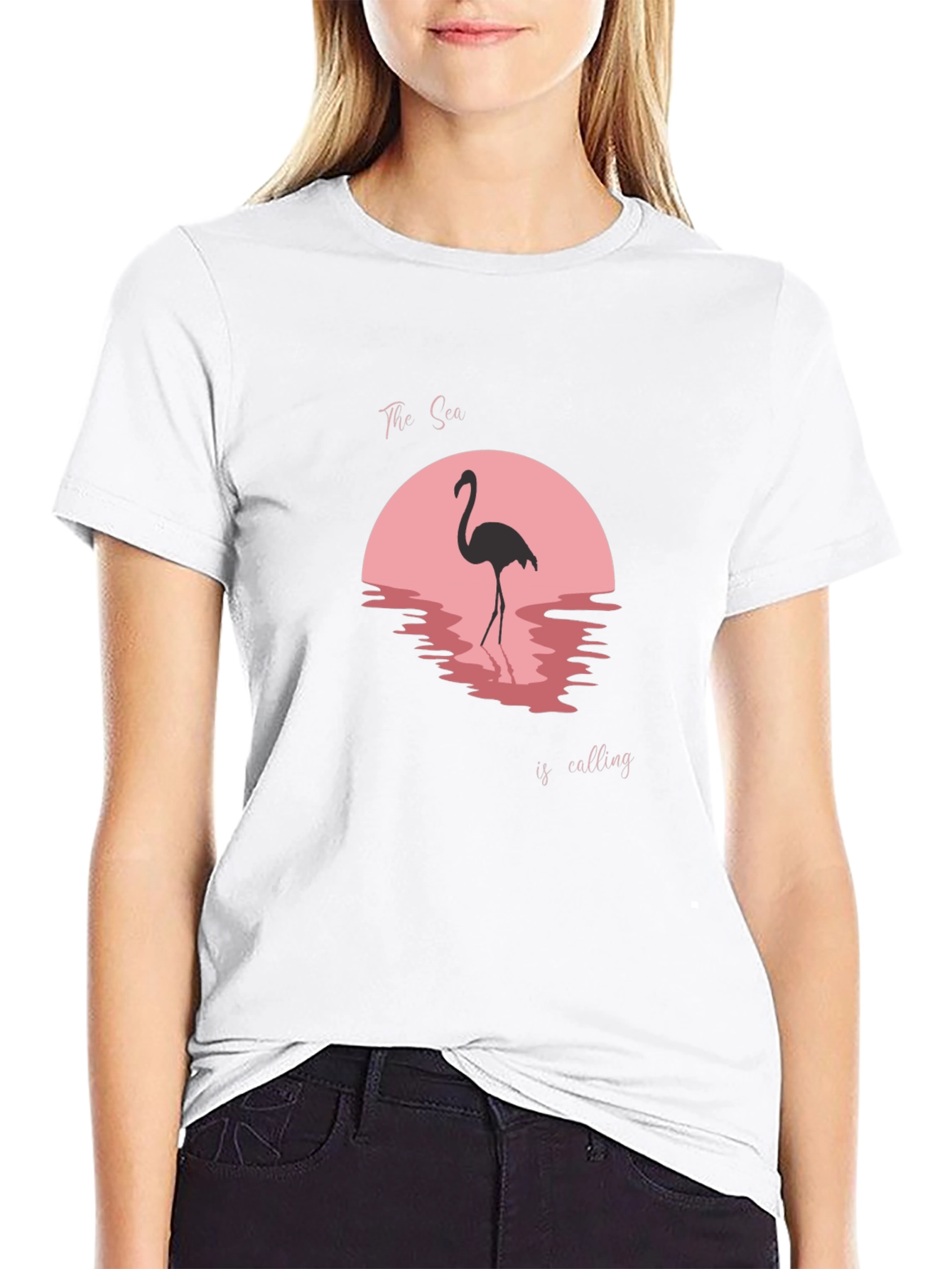Camiseta Negra con Diseño Flamenco y Atardecer Rosa