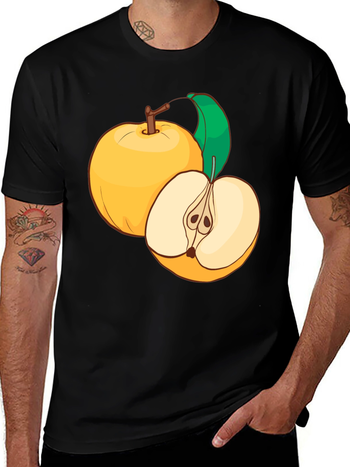 Camiseta Negra con Diseño de Manzanas