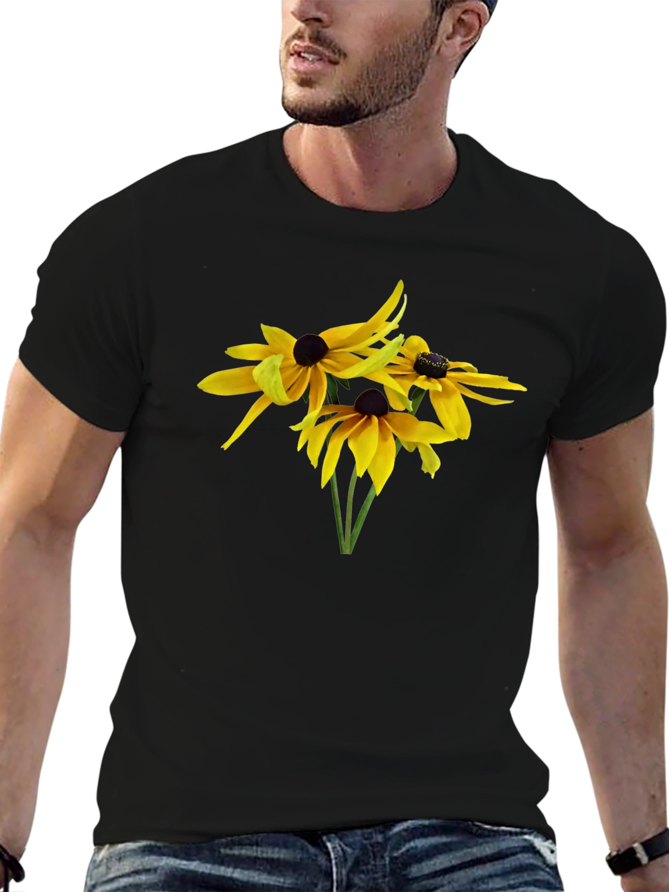 Camiseta Negra con Diseño Floral Amarillo