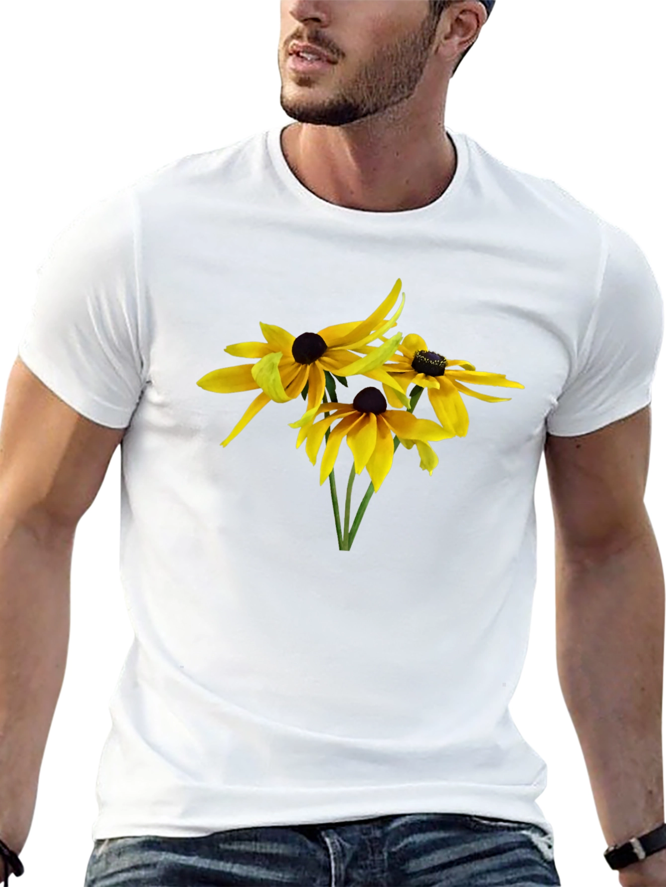 Camiseta Negra con Diseño Floral Amarillo