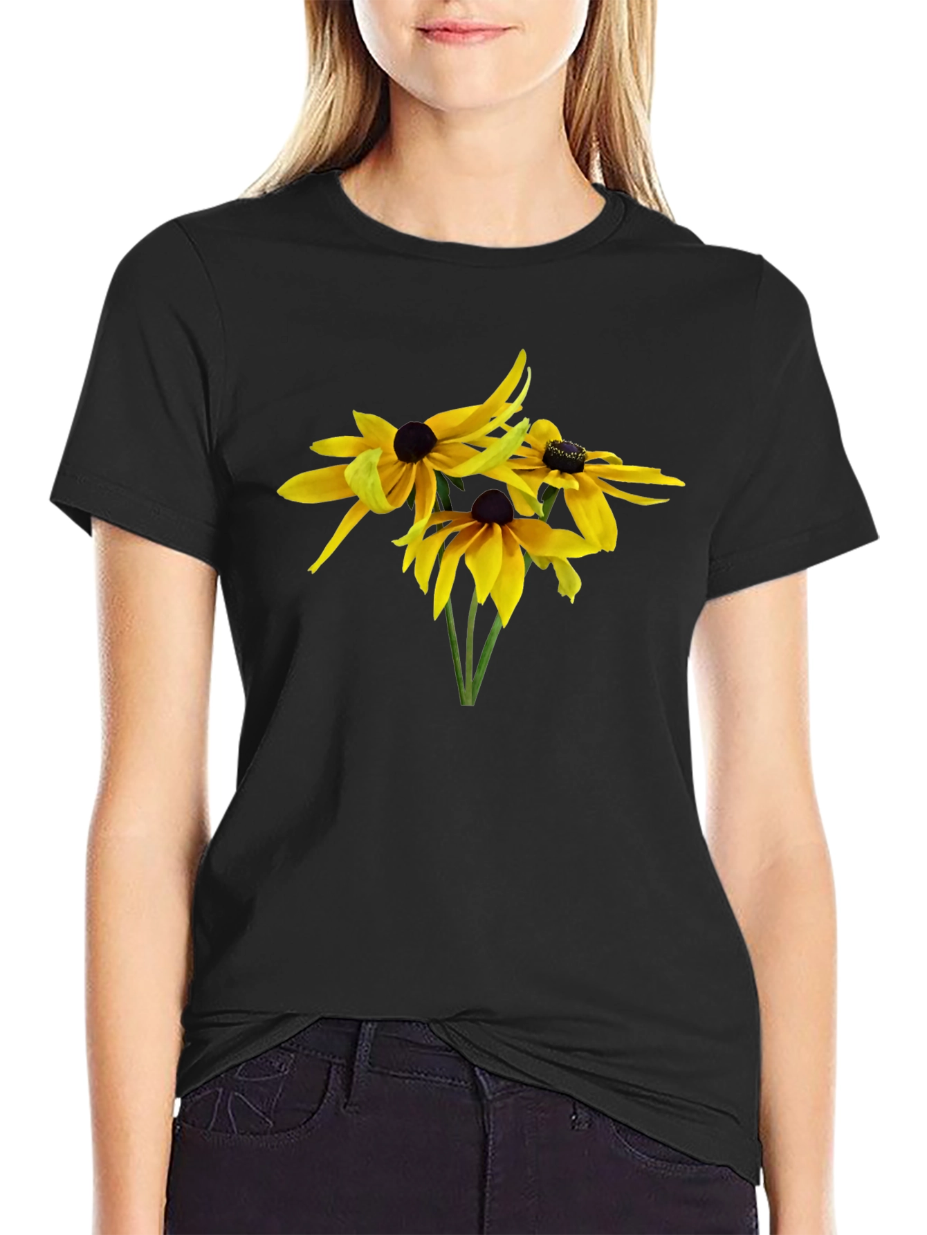 Camiseta Negra con Diseño Floral Amarillo