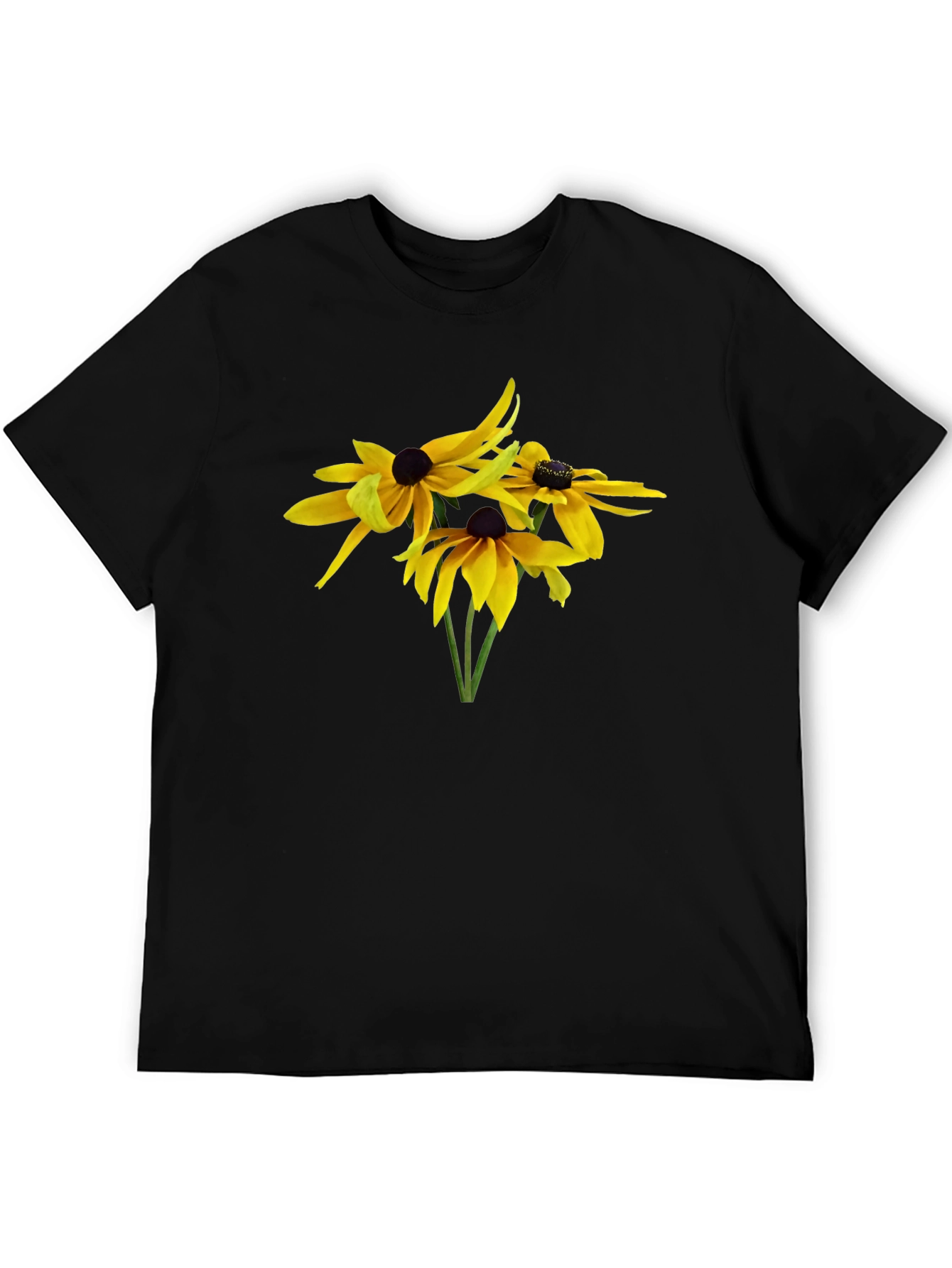 Camiseta Negra con Diseño Floral Amarillo