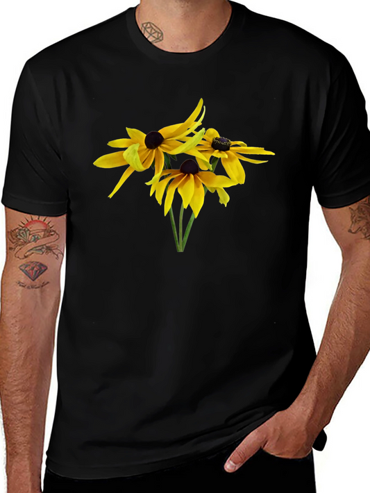 Camiseta Negra con Diseño Floral Amarillo