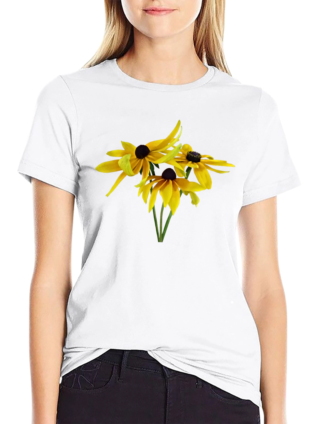 Camiseta Negra con Diseño Floral Amarillo