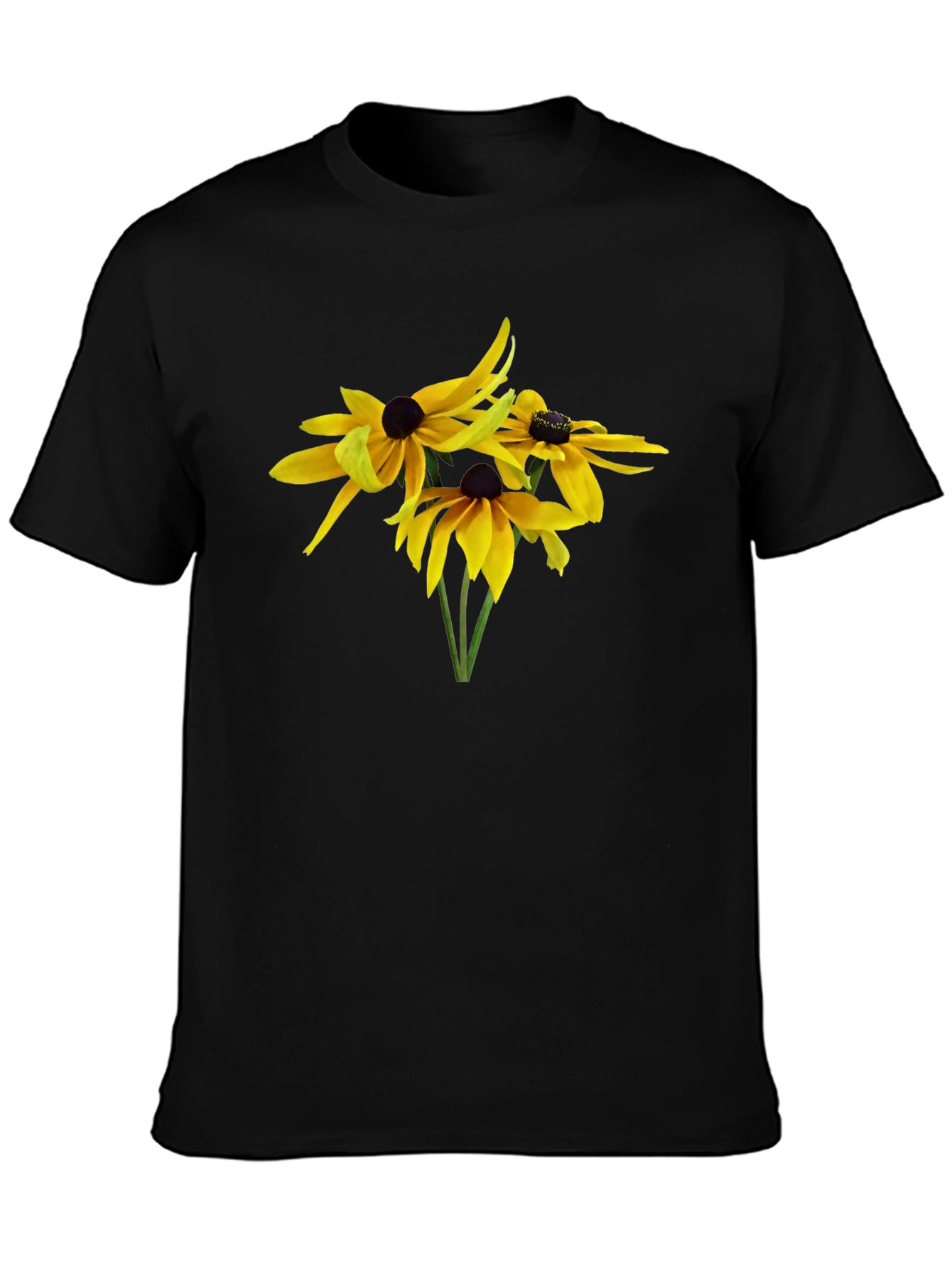 Camiseta Negra con Diseño Floral Amarillo