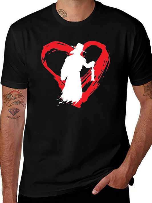 Camiseta Negra con Diseño de Corazón y Figura Misteriosa