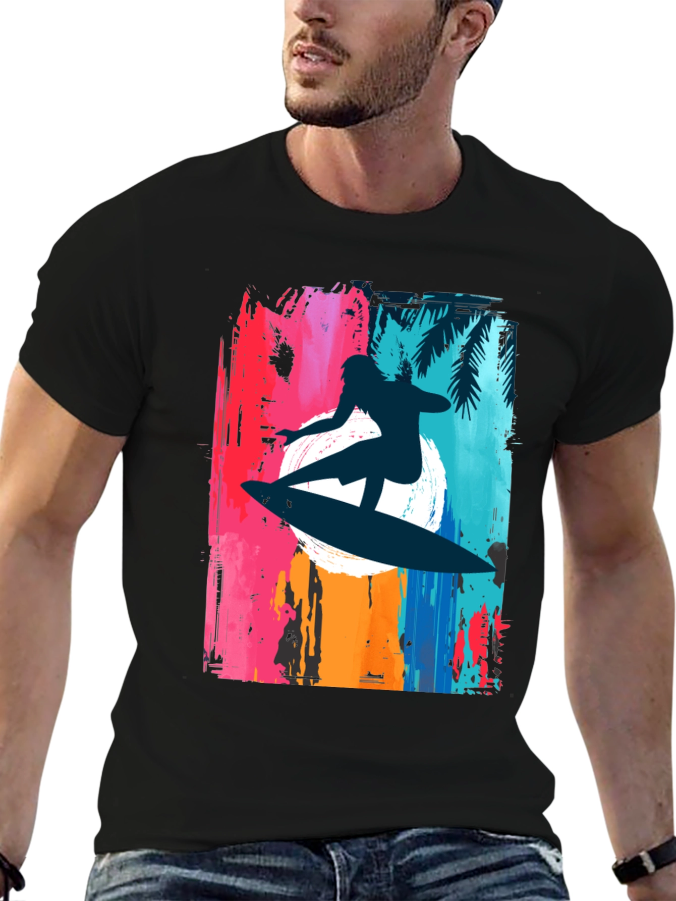 Camiseta Negra Surfista Tropical Hombre